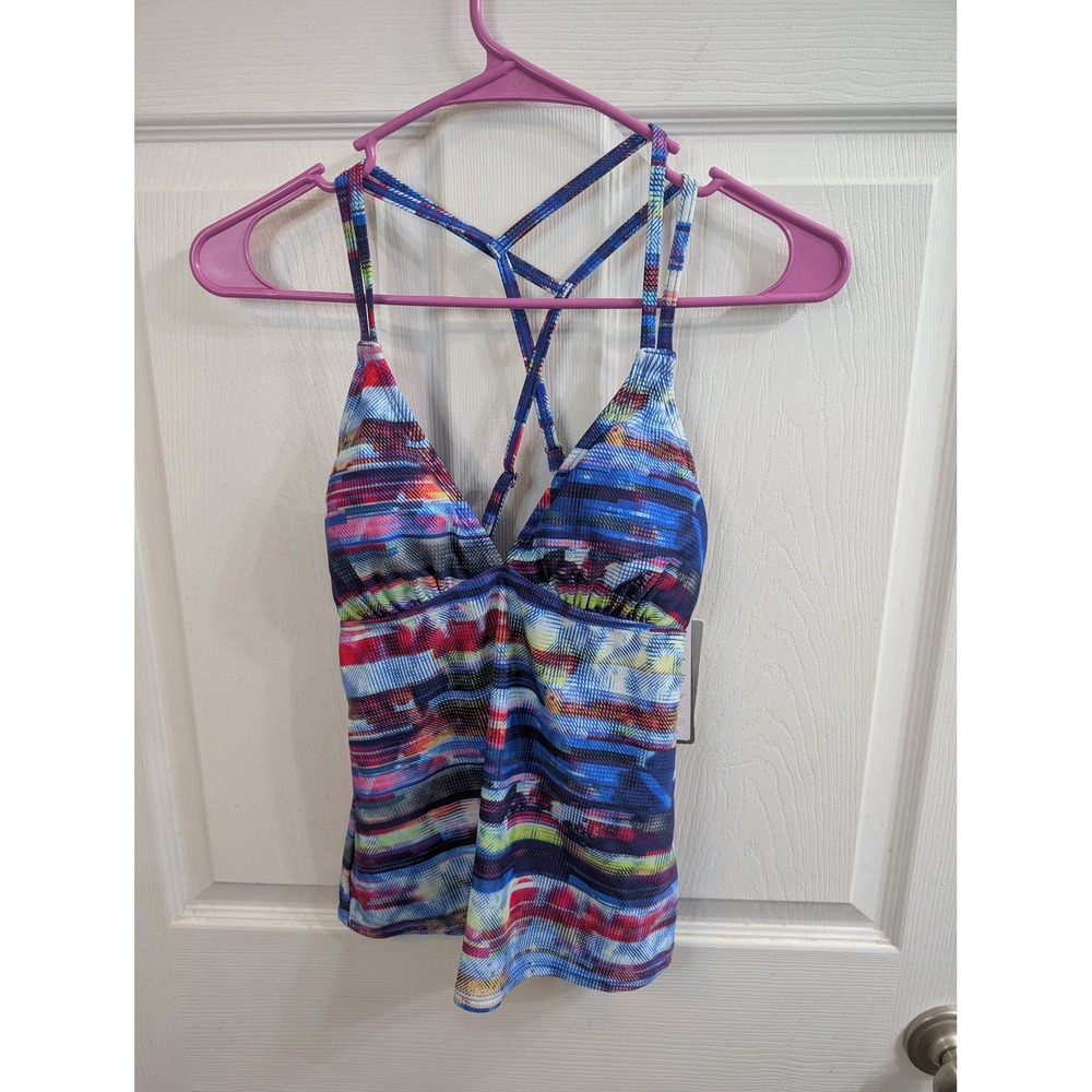 Athleta Redondo Cross Strap Tankini Women Small Blue Geometric UPF 50+ - Size S